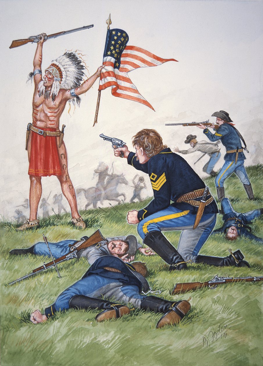 Un guerrero sioux contra el 7º Regimiento de Caballería de EE.UU. en la Batalla de Little Bighorn, 25 de junio de 1876, de un conjunto de seis cuadros. de Bryan Fosten