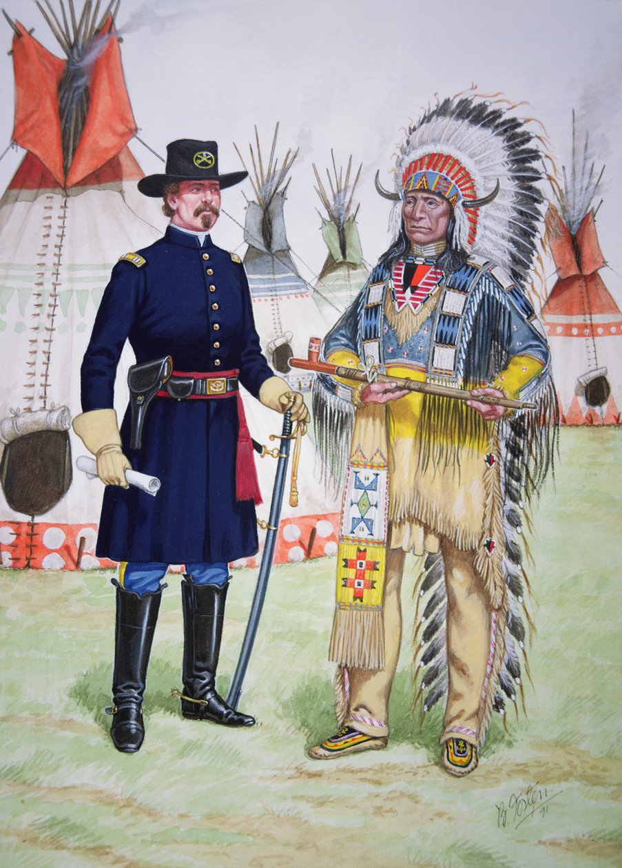El jefe Nube Roja de los sioux oglala ofrece una pipa de la paz a un oficial del 5º Regimiento de Caballería de EE.UU. en la firma del Tratado de Fort Laramie de 1868, de un conjunto de seis cuadros. de Bryan Fosten