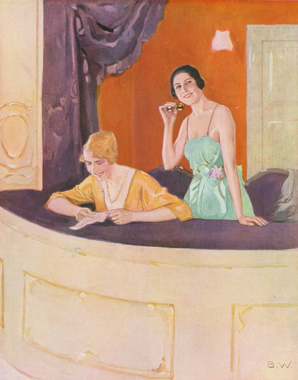 Dos mujeres en un palco de la ópera (litografía en color) de Brynolf Wennerberg