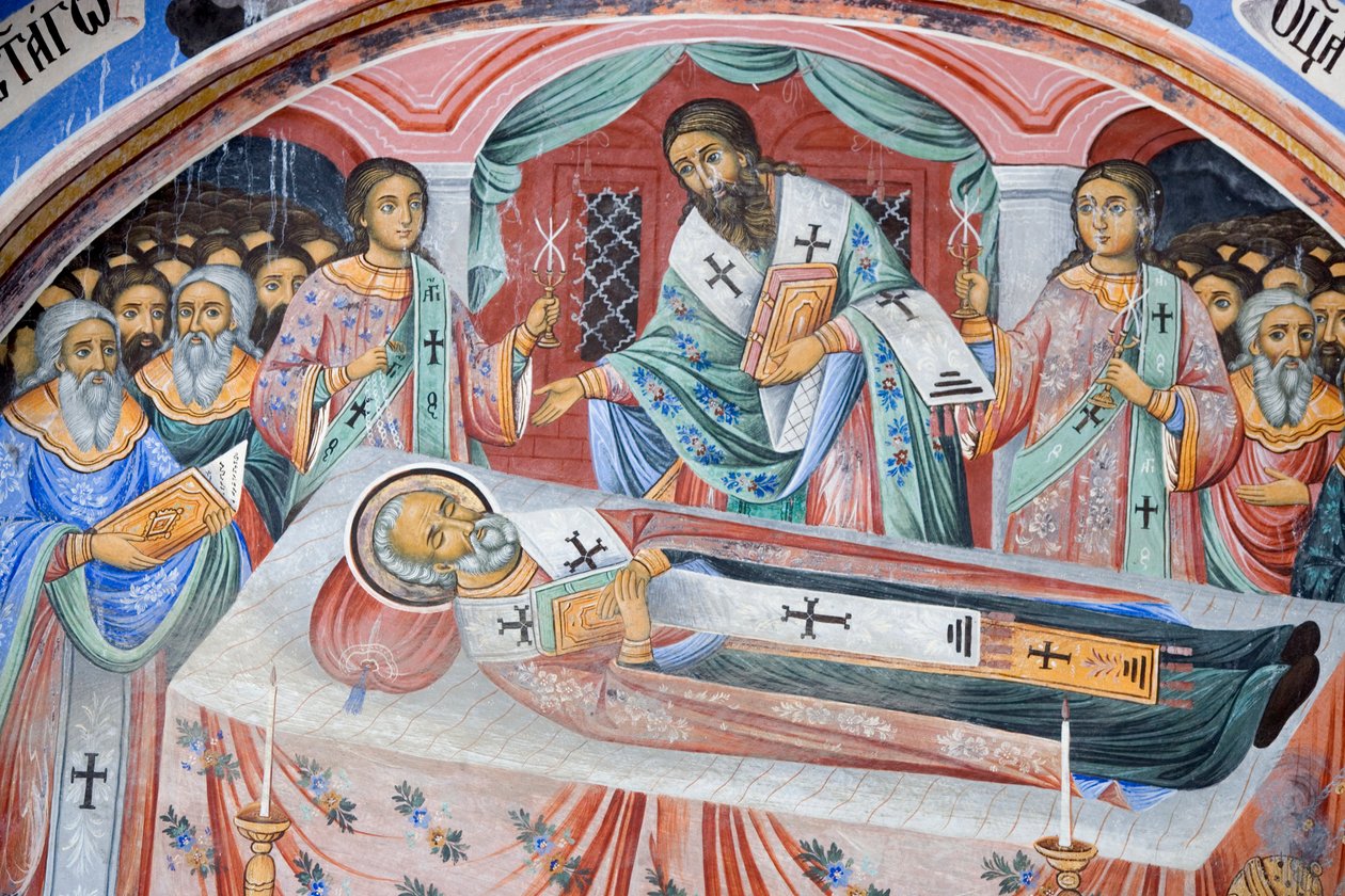 Bulgaria, Monasterio de Rila, fresco funerario en la iglesia de la Natividad de la Virgen de Bulgarian School