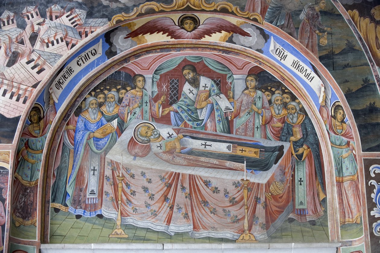 Bulgaria, Montañas de Rila, Monasterio de Rila, detalle del fresco en la Iglesia de la Natividad de la Virgen de Bulgarian School