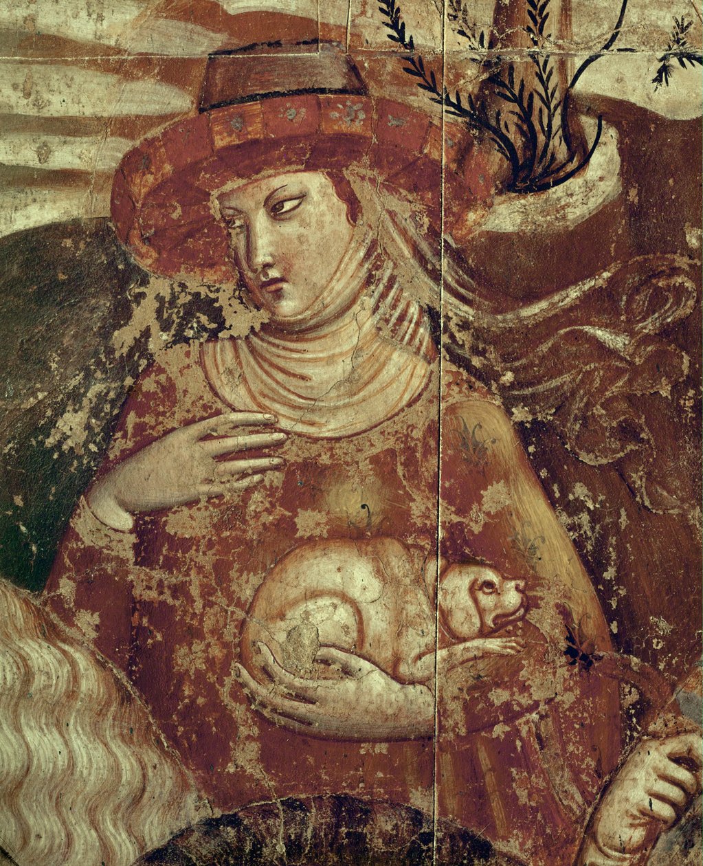 Una elegante dama con un perrito en brazos ... (fresco) de Buonamico Buffalmacco