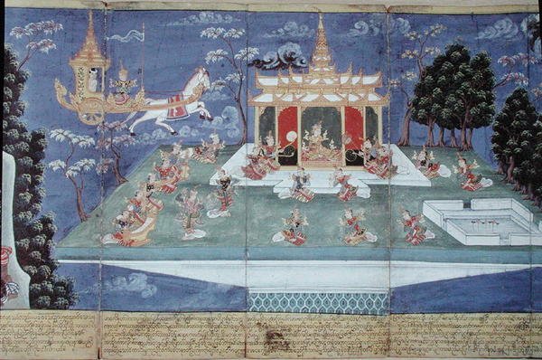 Ma 565 El rey Nimi en su carro divino enviado por Indra y guiado por el ángel Matali, visita los cielos y encuentra mujeres de incomparable belleza, del Nimi Jataka, 1869 de Burmese School