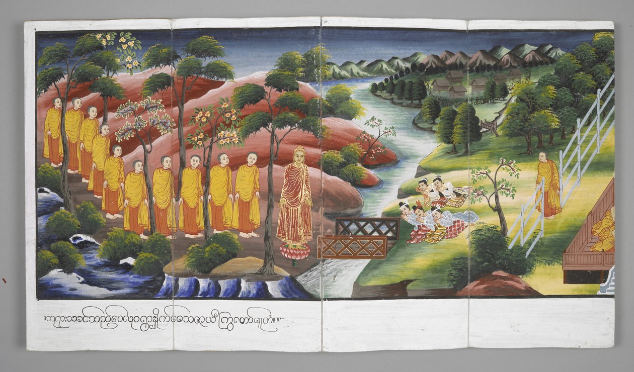 O. 13534, f.23 Monjes cruzando un río, Escenas de la vida de Buda (pergamino) de Burmese School
