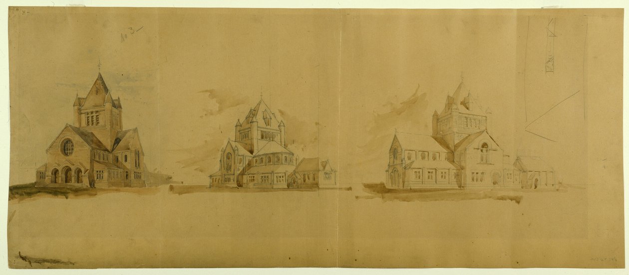 Iglesia de San Gabriel, Chicago, Illinois, bocetos en perspectiva de Burnham and Root