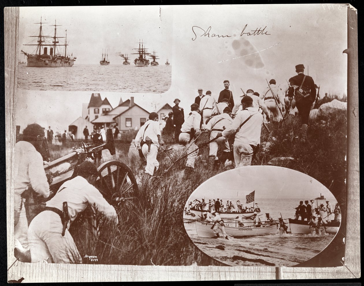 Fotografía de una fotomontaje anterior de tres imágenes de las Reservas Navales en Fishers Island, 1891 de Byron Company