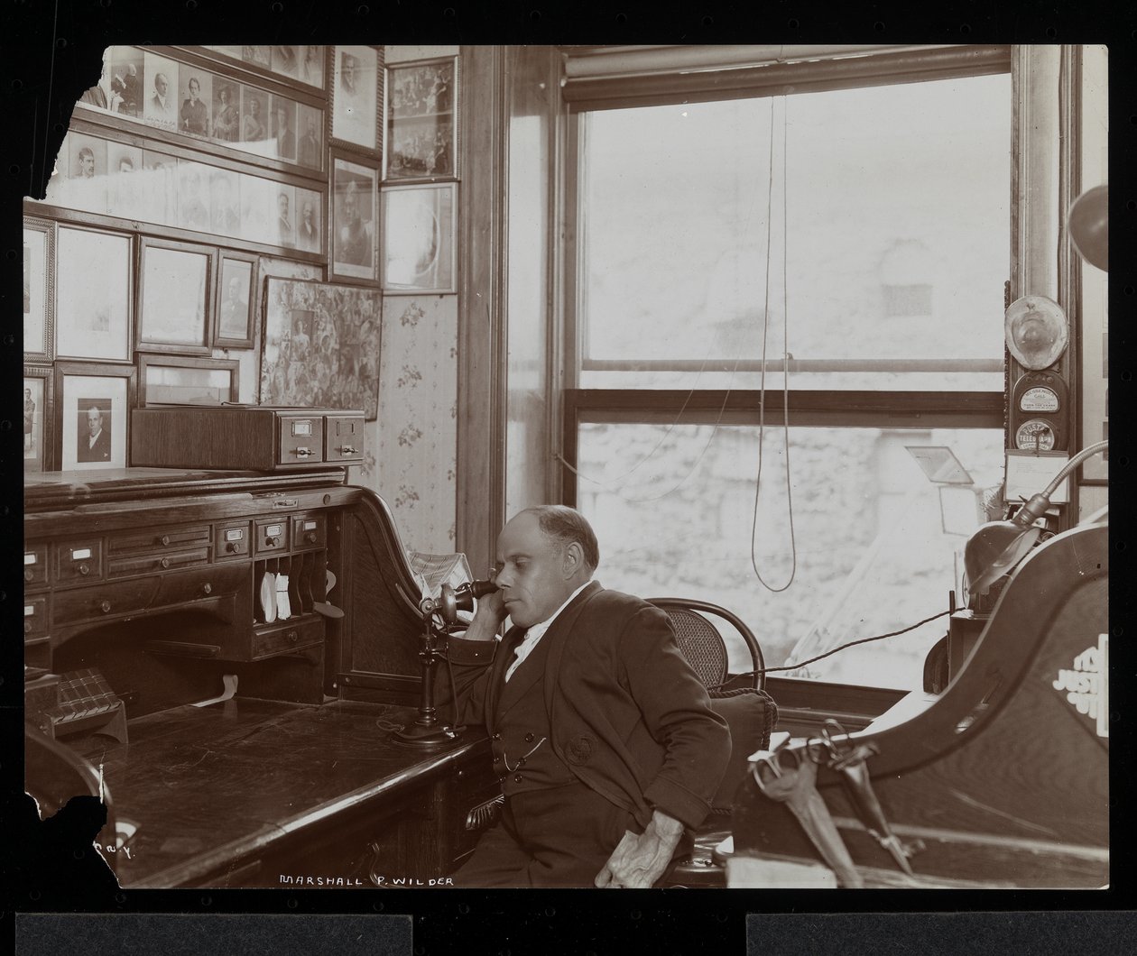 Marshall P. Wilder al teléfono en su oficina, 1898-99 de Byron Company