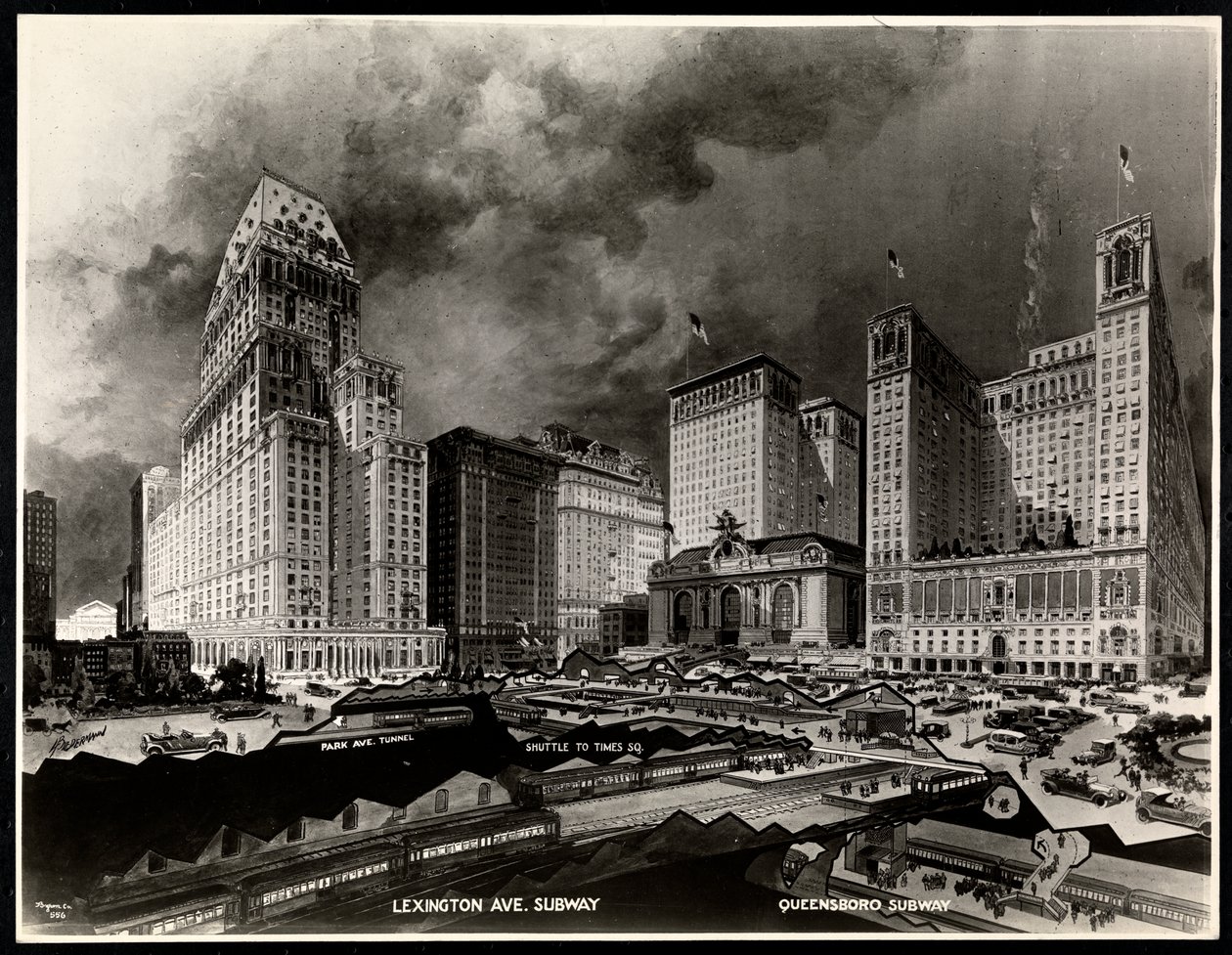 Fotografía de un dibujo de rutas de metro alrededor de Pershing Square por H. Bierdermann, 1919 de Byron Company
