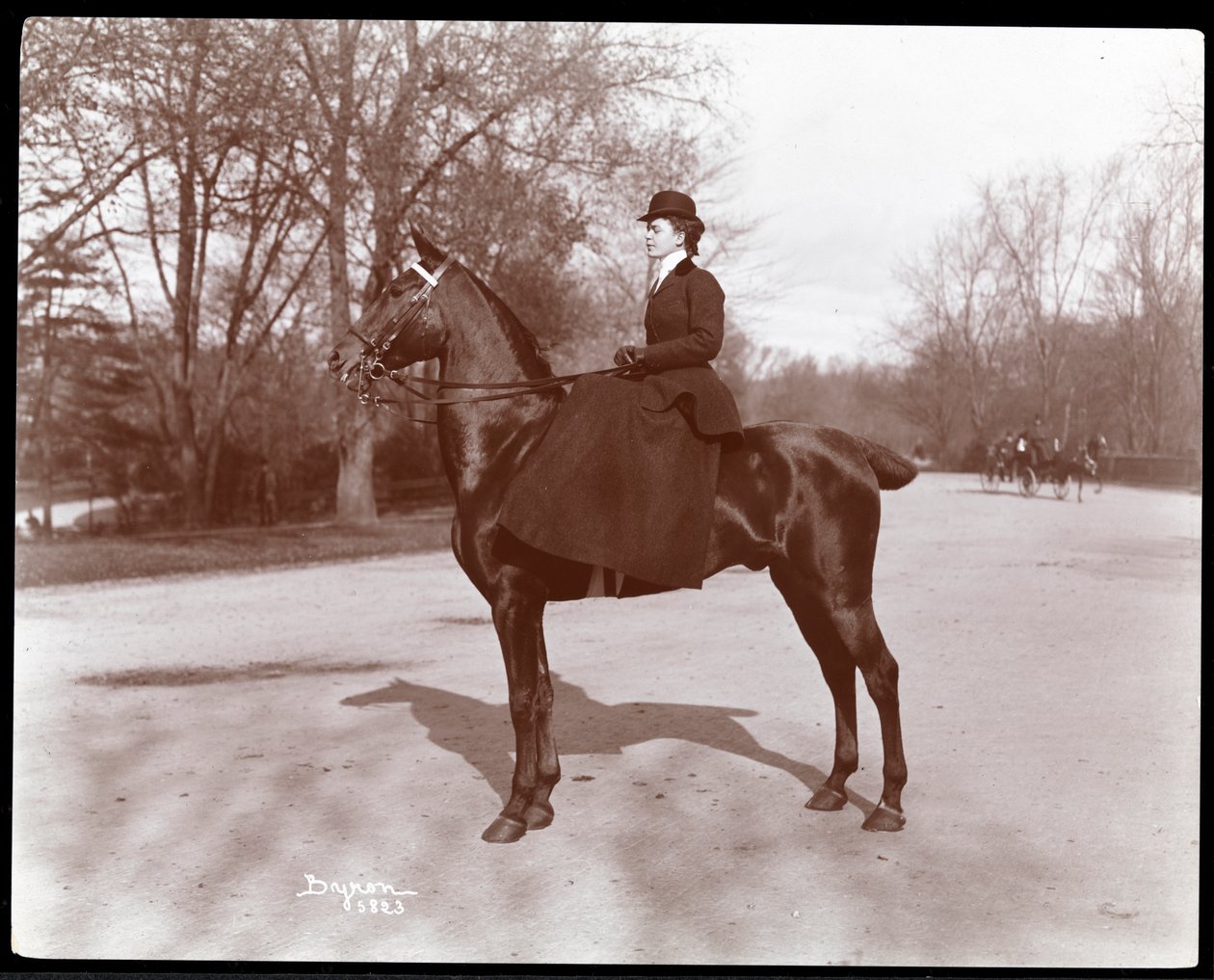 Retrato de la Srta. Beach posando en un caballo en el sendero de Central Park, 1898 de Byron Company