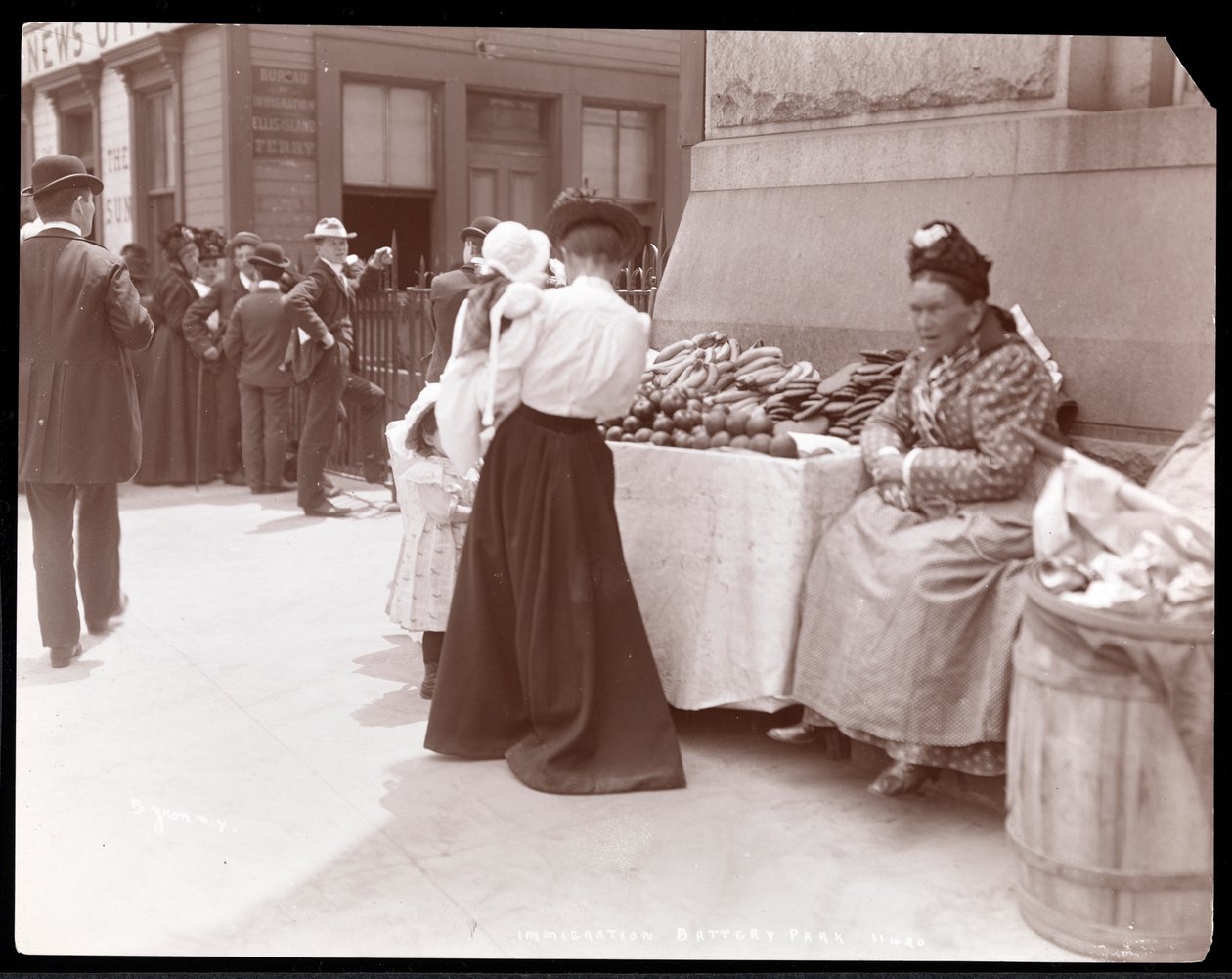 Vista de un vendedor de frutas en Battery Park, presumiblemente esperando inmigrantes de Ellis Island, Nueva York, c.1901 de Byron Company