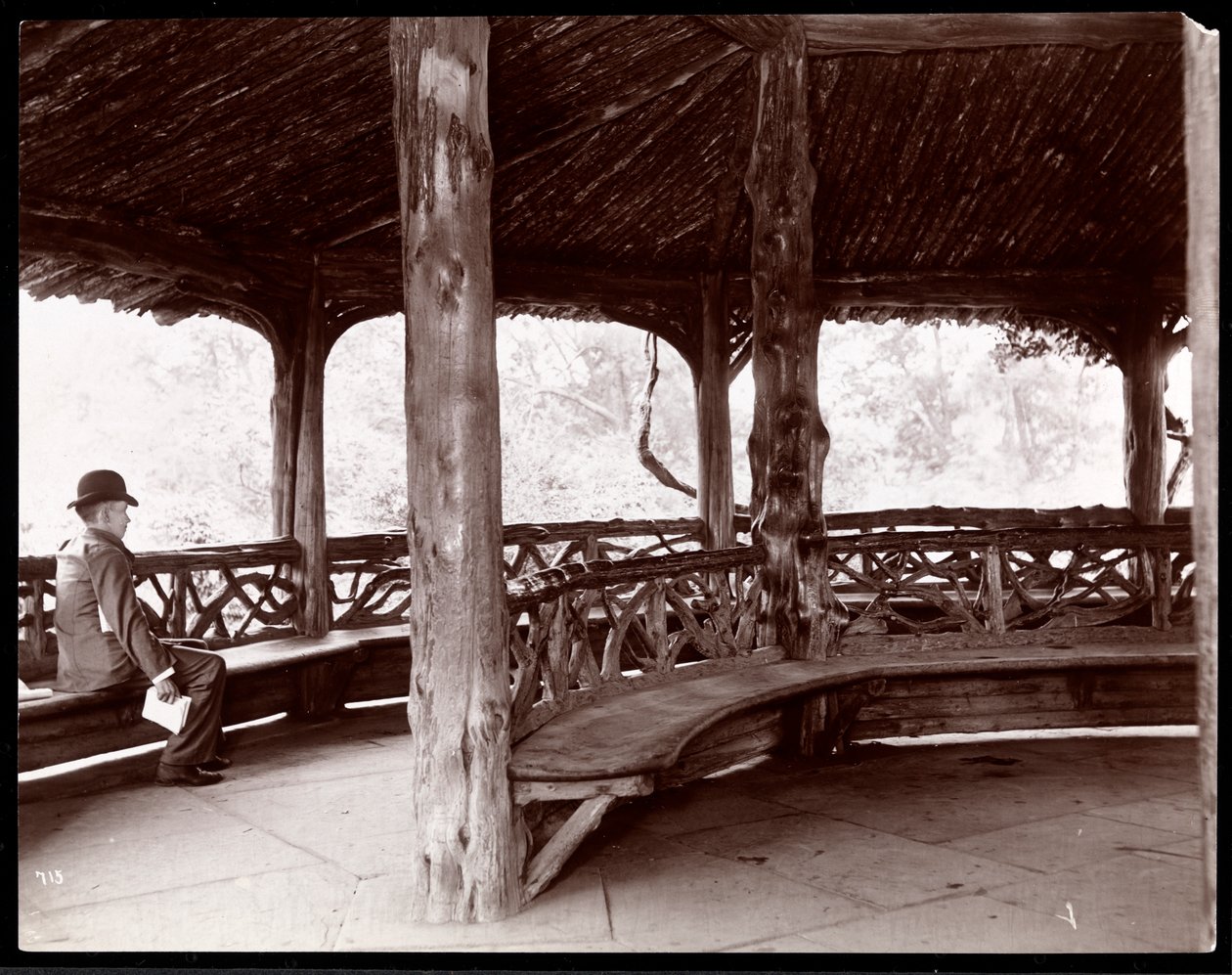 Vista de un hombre sentado en un pabellón rústico en Central Park, Nueva York, 1895 de Byron Company