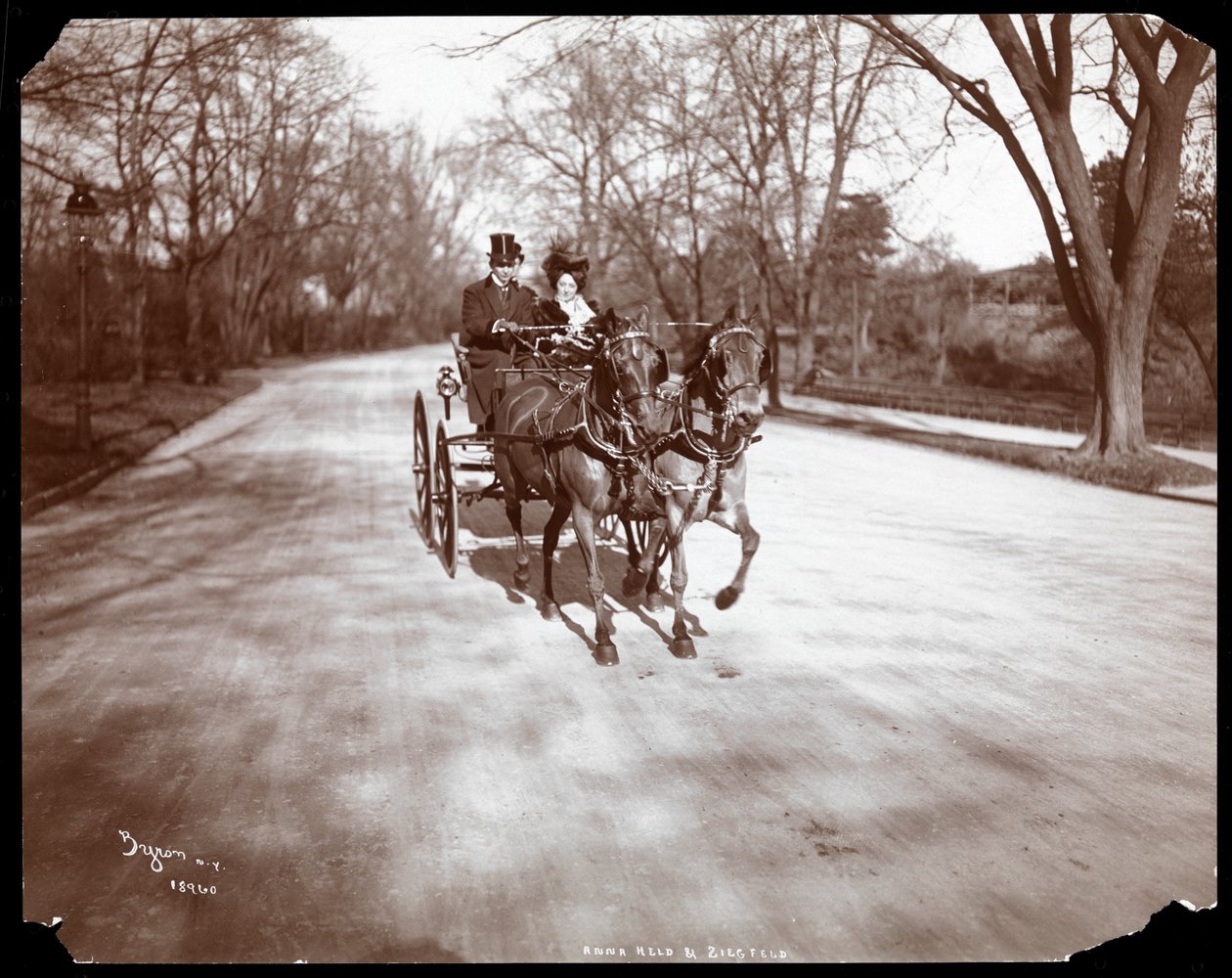 Anna Held y Florenz Ziegfeld conduciendo un carruaje tirado por caballos, Nueva York, 1904 de Byron Company