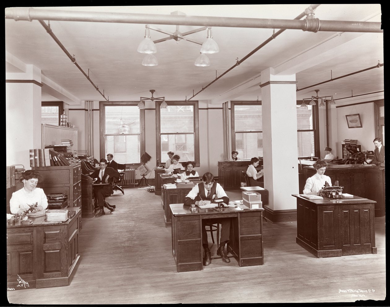 Hombres y mujeres en una oficina abierta en Parke, Davis y Co., químicos, Hudson y Vestry Streets, Nueva York, 1910 de Byron Company