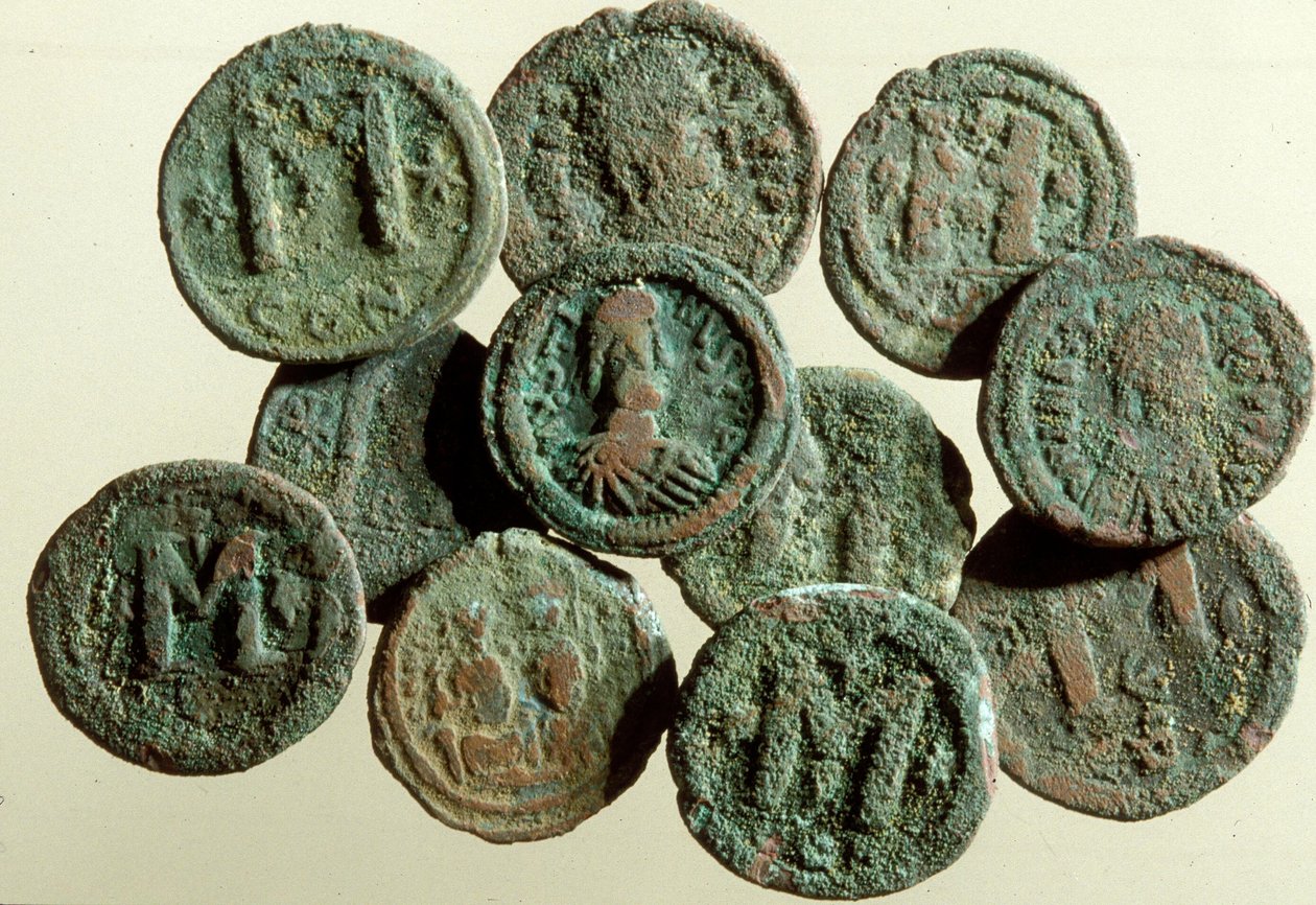 Monedas, encontradas en las excavaciones de Tiberias de Byzantine