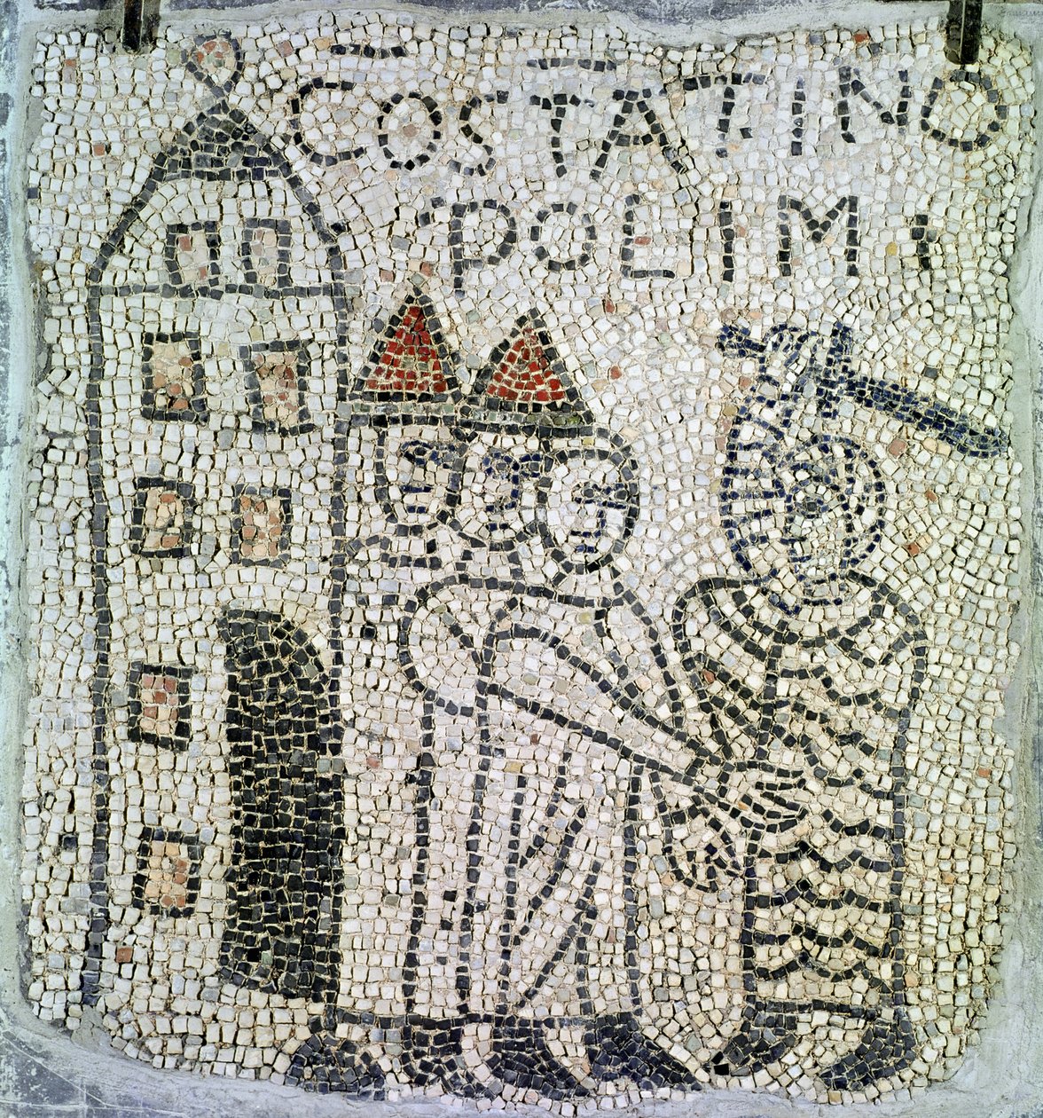 Pavimento de San Juan Evangelista, (detalle) del Sitio de Constantinopla en junio de 1204, 1213 (mosaico) de Byzantine