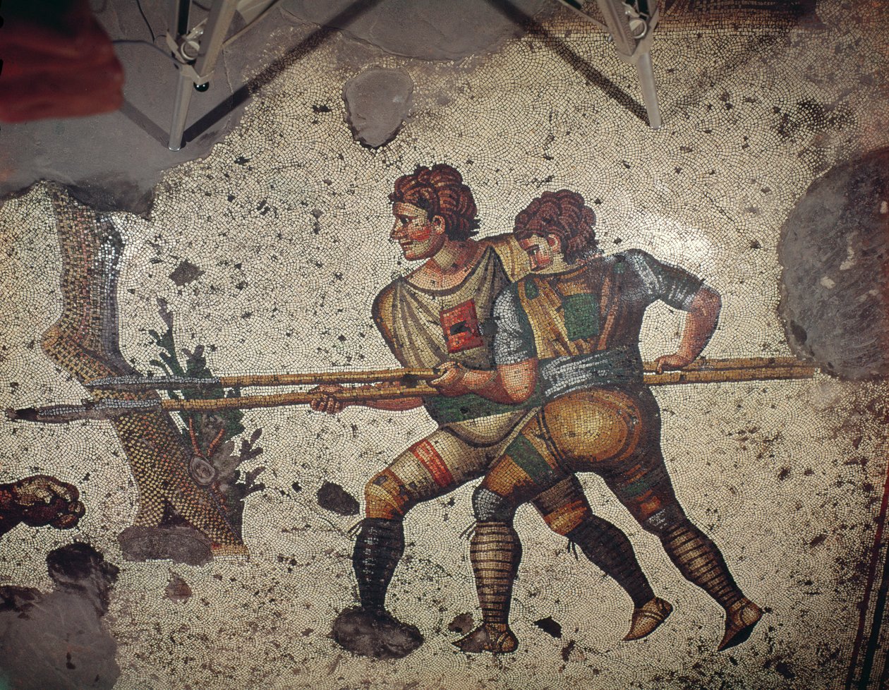 Dos Hombres Luchando con un Tigre, piso del Gran Palacio Imperial, Constantinopla, siglo V-VI de Byzantine