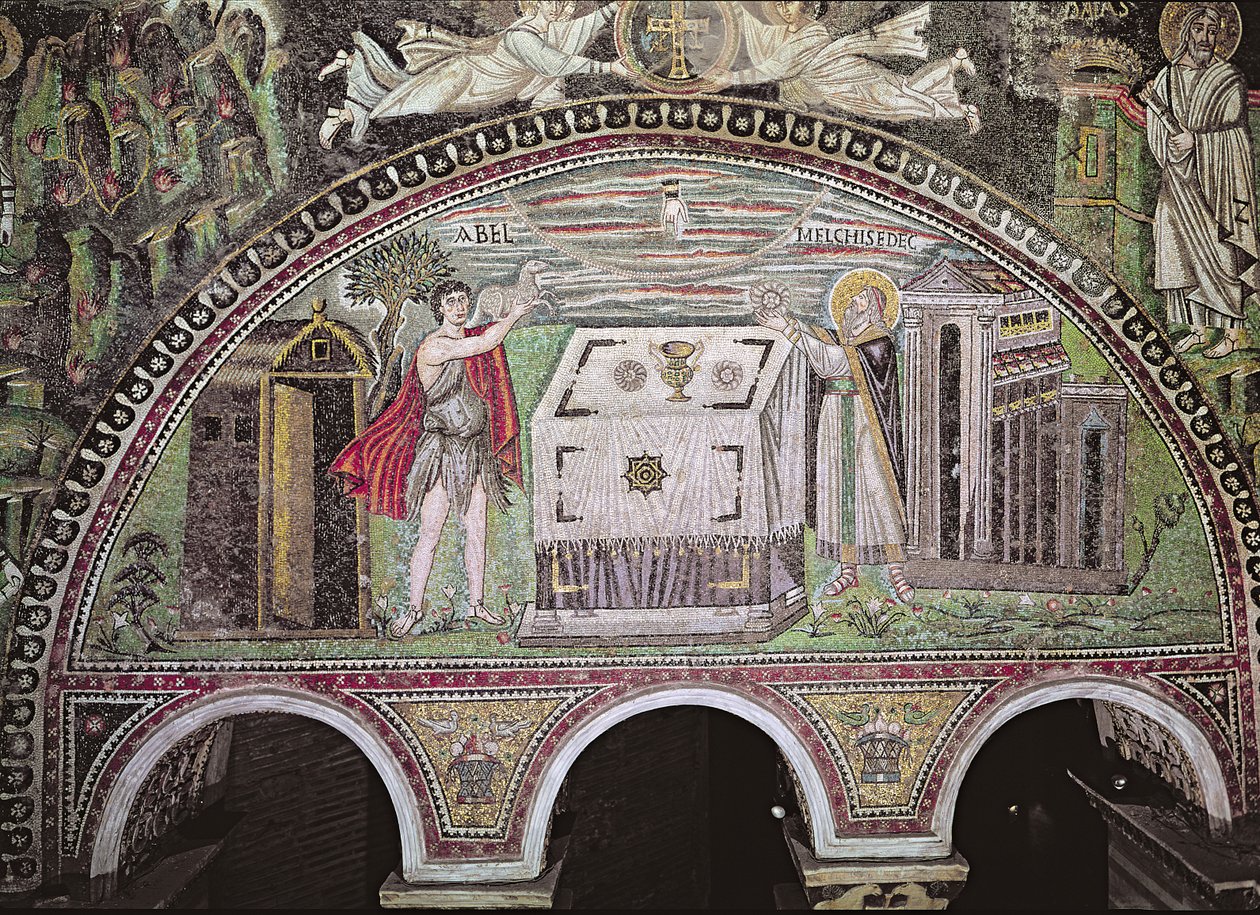 Abel ofreciendo un cordero y Melquisedec ofreciendo pan en el altar, luneta en la pared sur de la basílica de Byzantine School