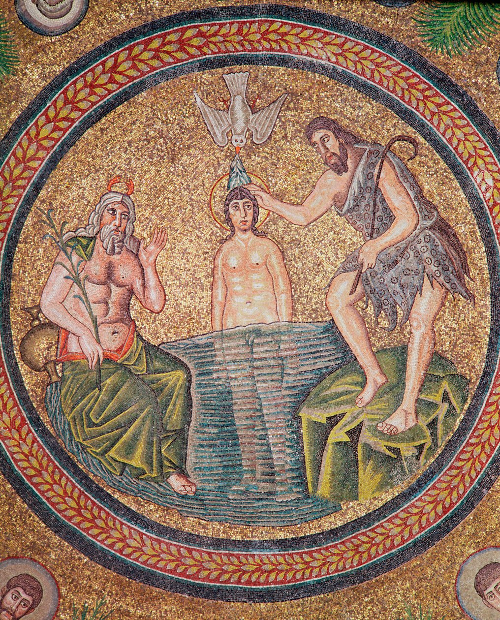 Bautismo de Cristo por Juan el Bautista (mosaico) (detalle) de Byzantine School
