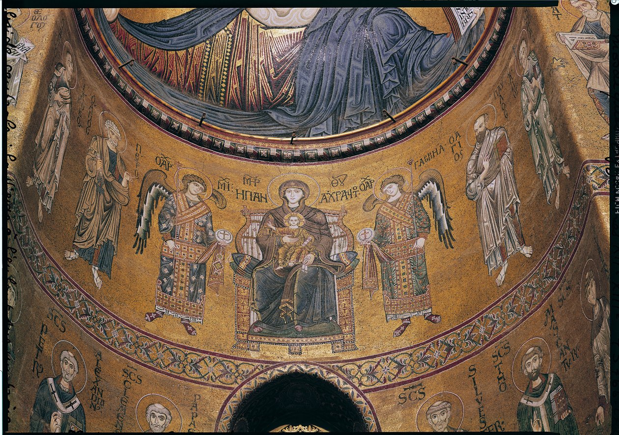 Madonna y Niño en el Trono con Ángeles y Apóstoles, del ábside central (mosaico) de Byzantine School
