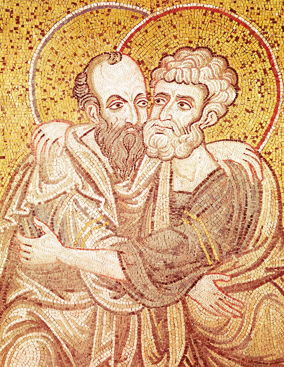 San Pedro y San Pablo abrazándose (mosaico) de Byzantine School