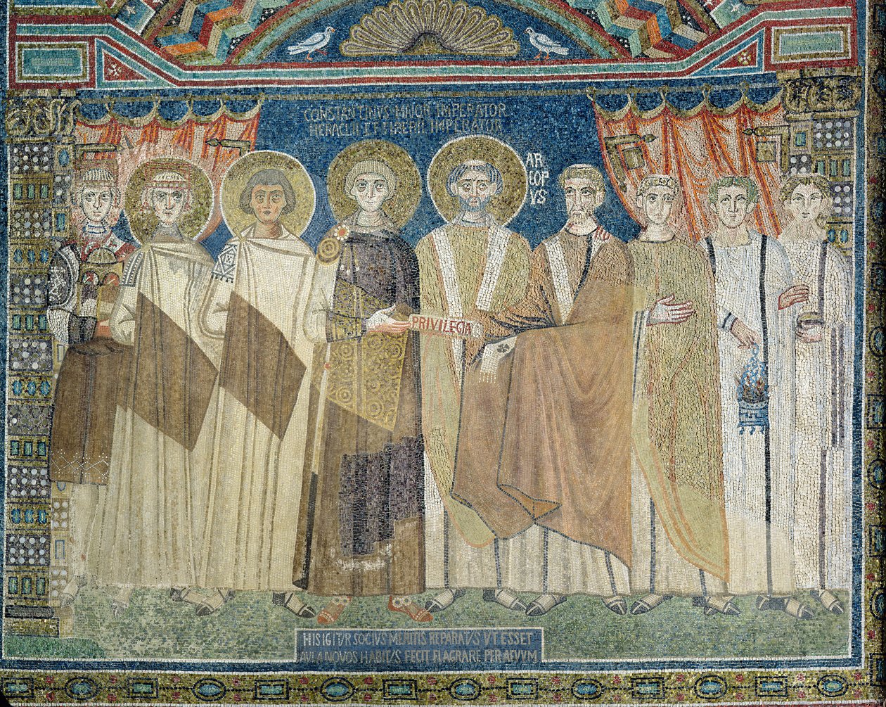 El emperador Constantino IV concede inmunidad fiscal al arzobispo de Rávena (mosaico) de Byzantine School