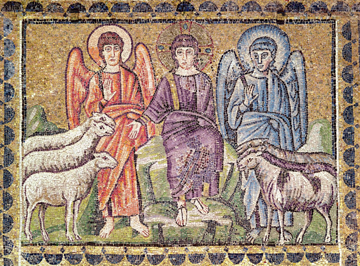 La parábola del buen pastor separando las ovejas de los cabritos, escenas de la vida de Cristo (mosaico) de Byzantine School
