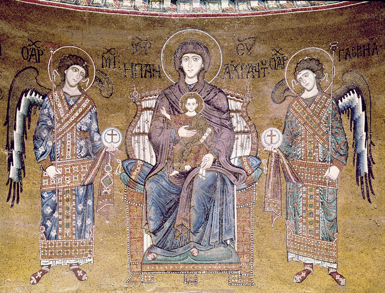 La Virgen y el Niño entronizados entre dos ángeles, del ábside (mosaico) de Byzantine School