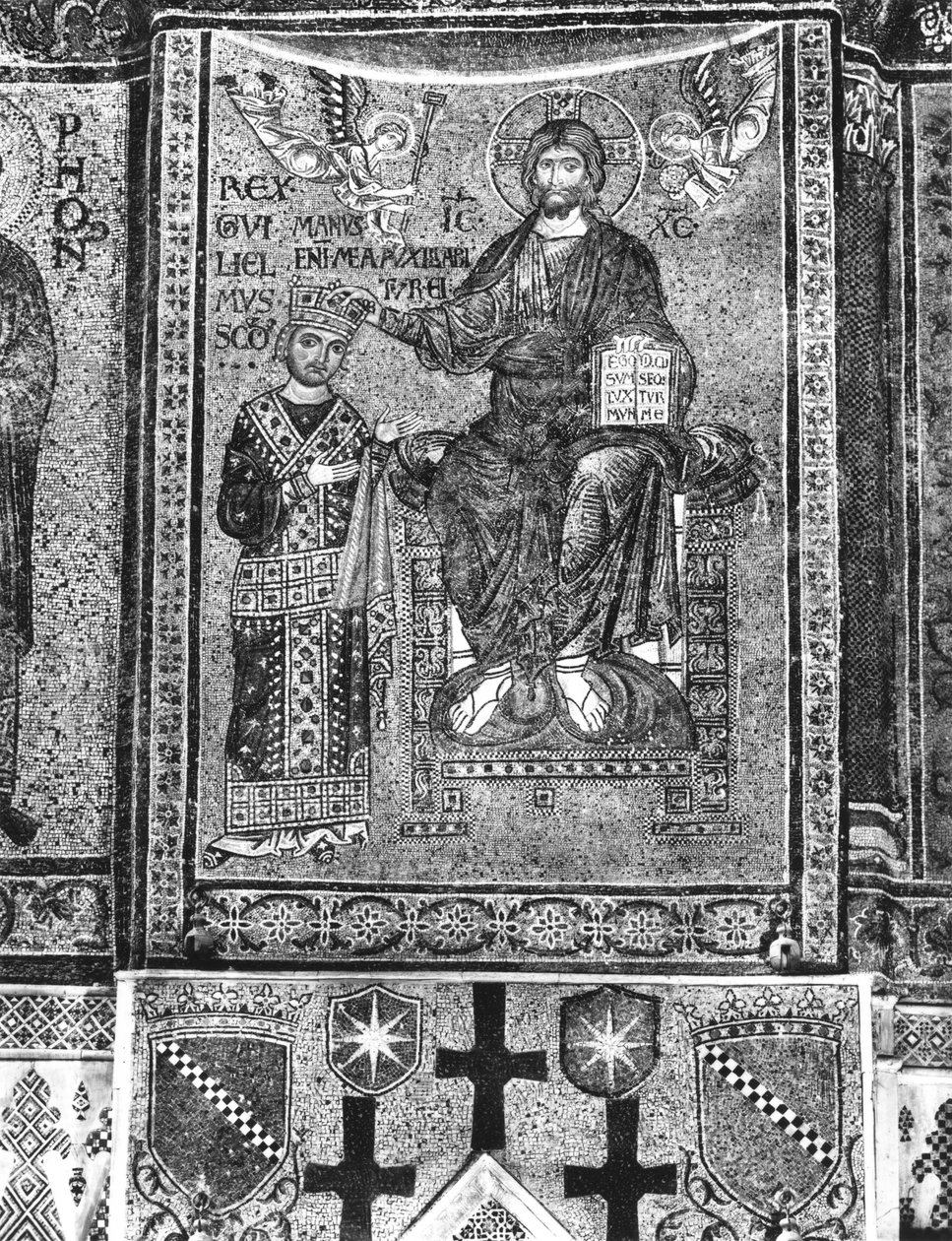Guillermo II (1154-89) Rey de Sicilia recibiendo una corona de Cristo (mosaico) de Byzantine School