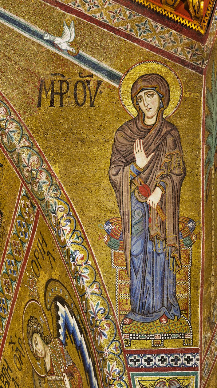 Ábside: Virgen Anunciada, mosaico bizantino con fondo dorado en el tímpano del ábside (mosaico) de Byzantine