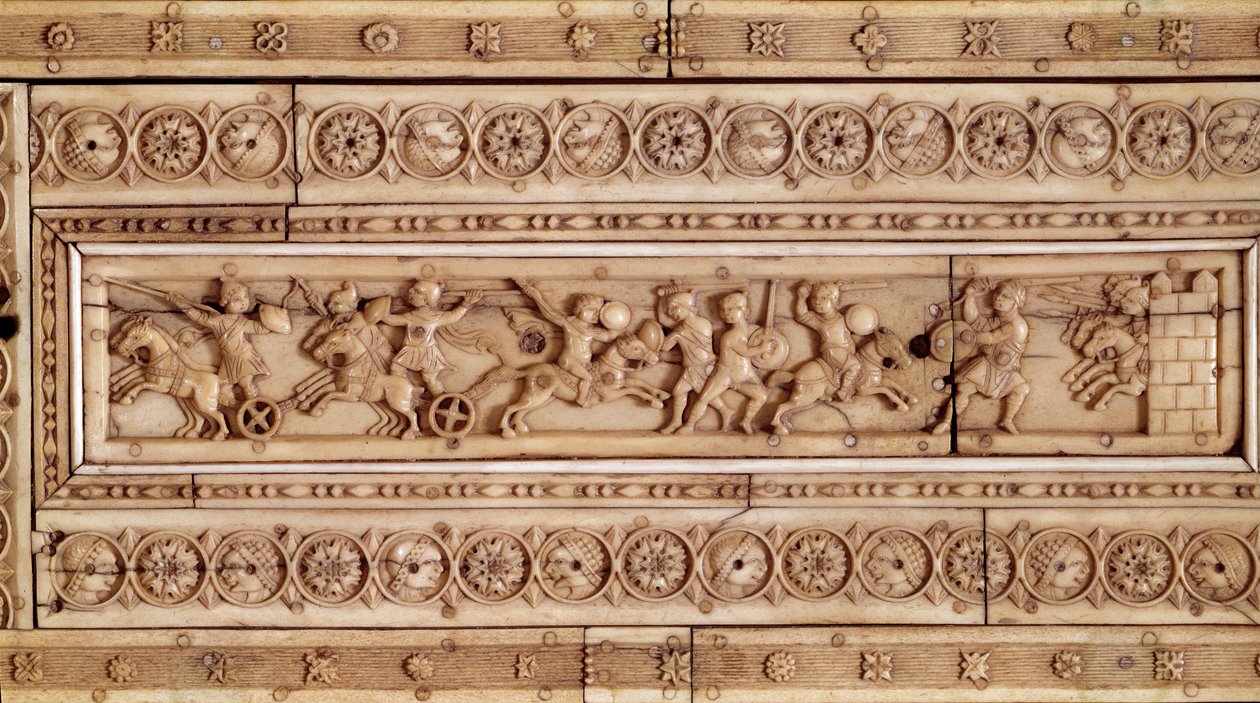 Arte del Imperio Bizantino: Escena de combate. Relieve de marfil. Parte superior de una caja (siglo X). Museo de Cluny, París de Byzantine