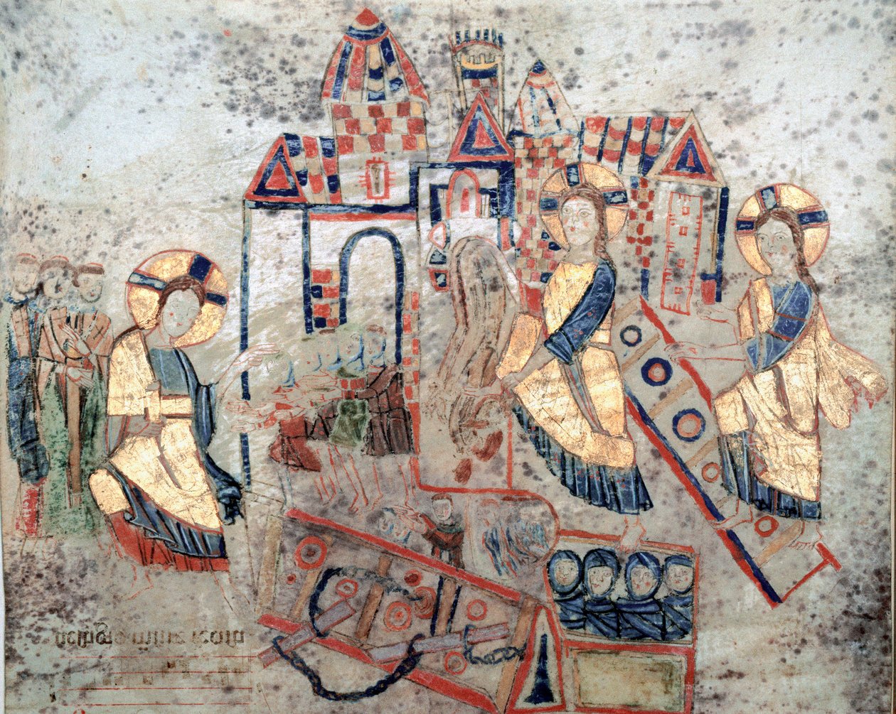 Arte bizantino: Representación del Salvador Cristo derribando las puertas del Inframundo, aplastando a Satanás y liberando almas. Miniatura de Exultet del comienzo del siglo XI. Museo Diocesano, Gaeta de Byzantine