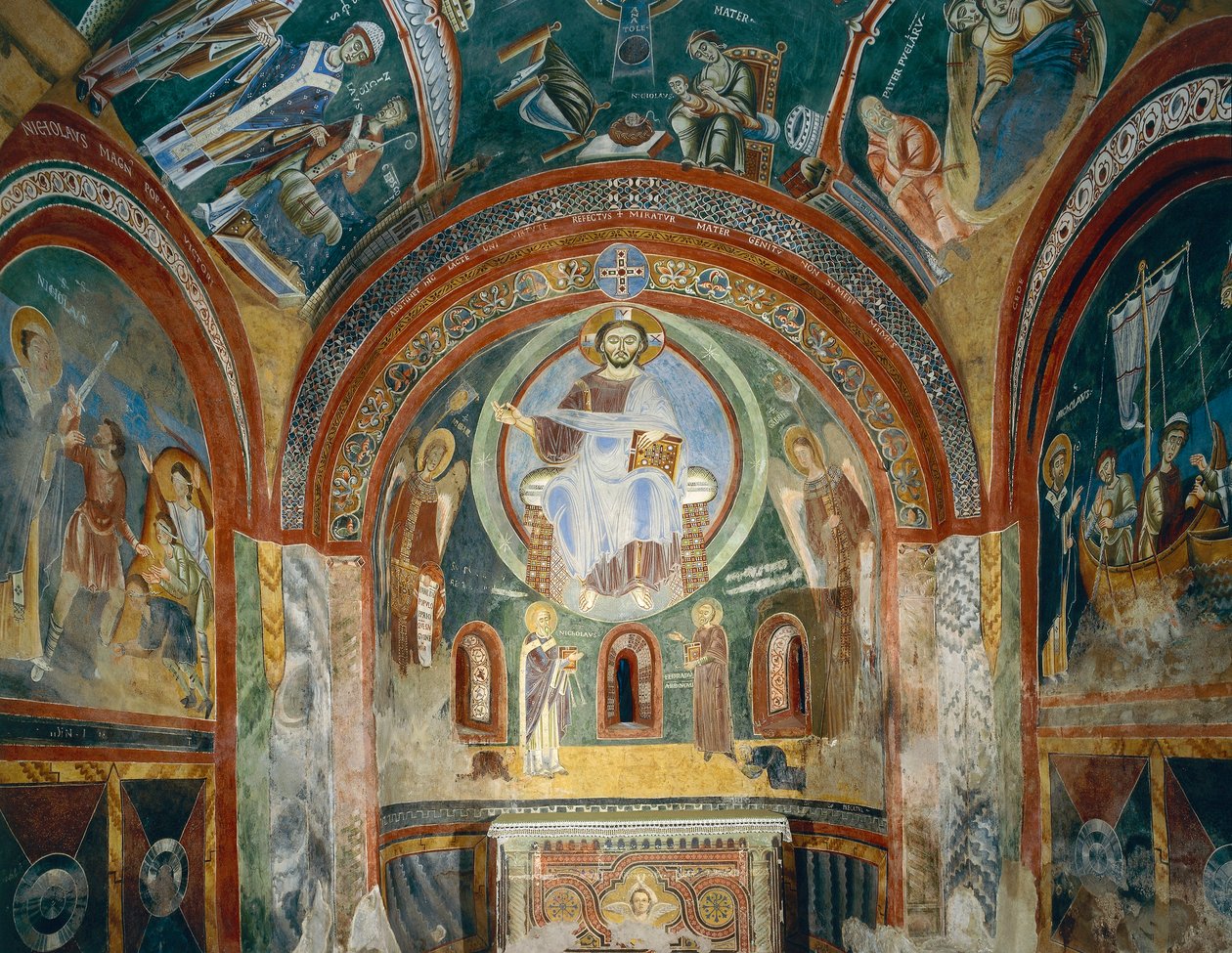 Capilla de San Eldrado y San Nicolás con frescos románicos en estilo bizantino, finales del siglo XI, Abadía de Novalesa, Piamonte, Italia de Byzantine