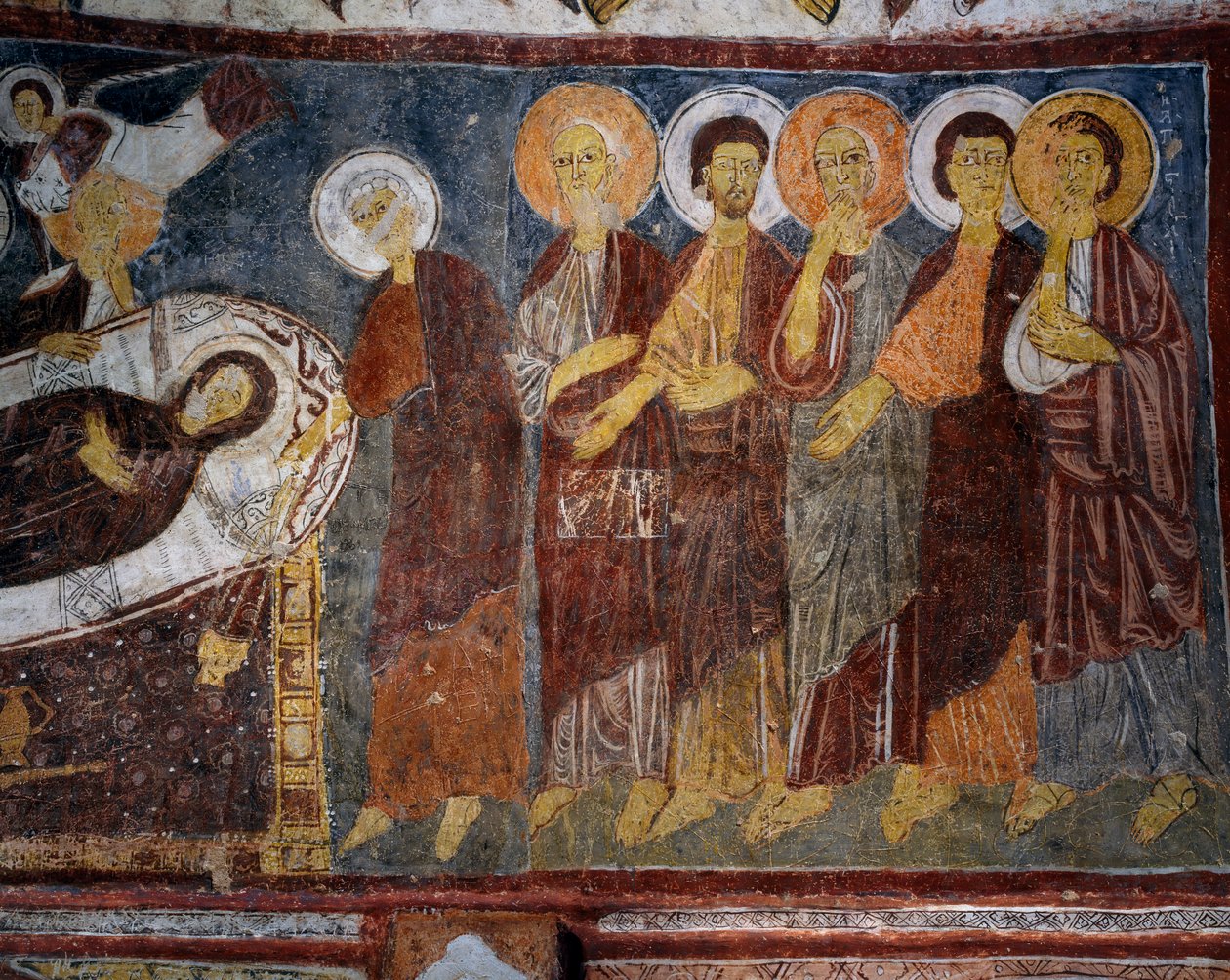 Dormición de la Virgen entre los Apóstoles, detalle, fresco bizantino (siglo XIII), Gulsehir Karsi Kilise (Iglesia de San Juan), Goreme (Lista del Patrimonio Mundial de la Unesco) de Byzantine
