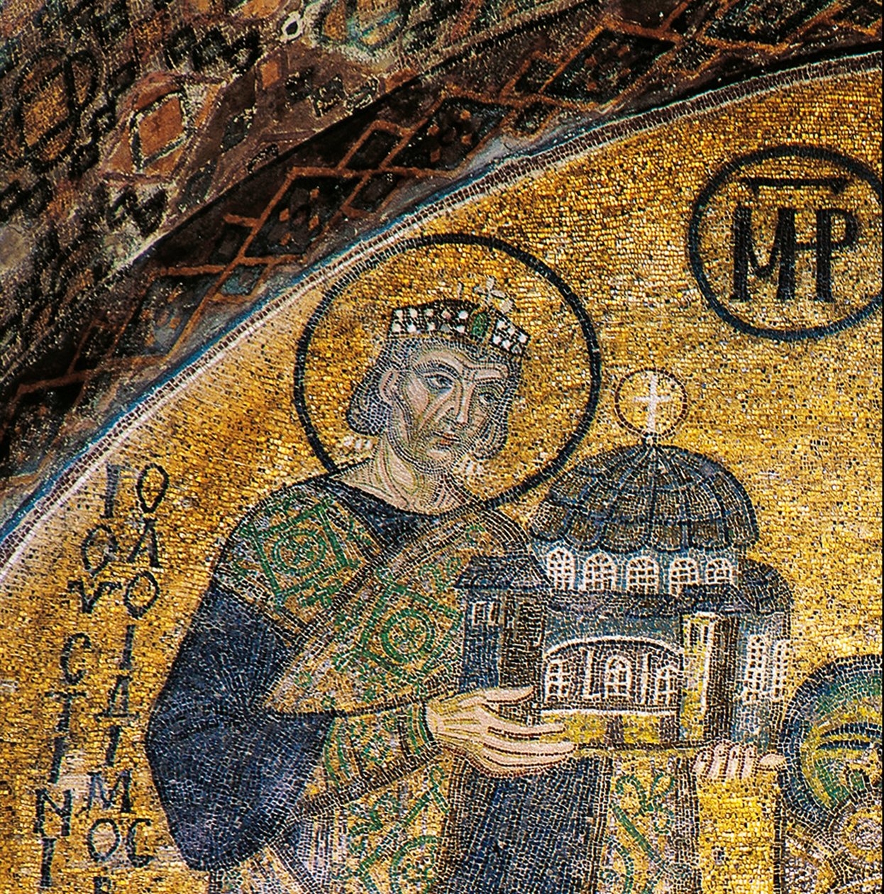 Emperador Justiniano presentando Hagia Sophia a la Virgen y el Niño (mosaico) de Byzantine