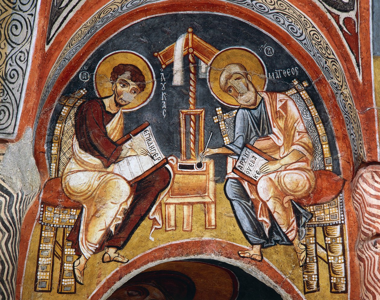 Evangelistas Marcos y Juan escribiendo Evangelios, Karanlik Kilise (Iglesia Oscura) (siglos XII-XIII), Goreme (Lista del Patrimonio Mundial de la Unesco) de Byzantine