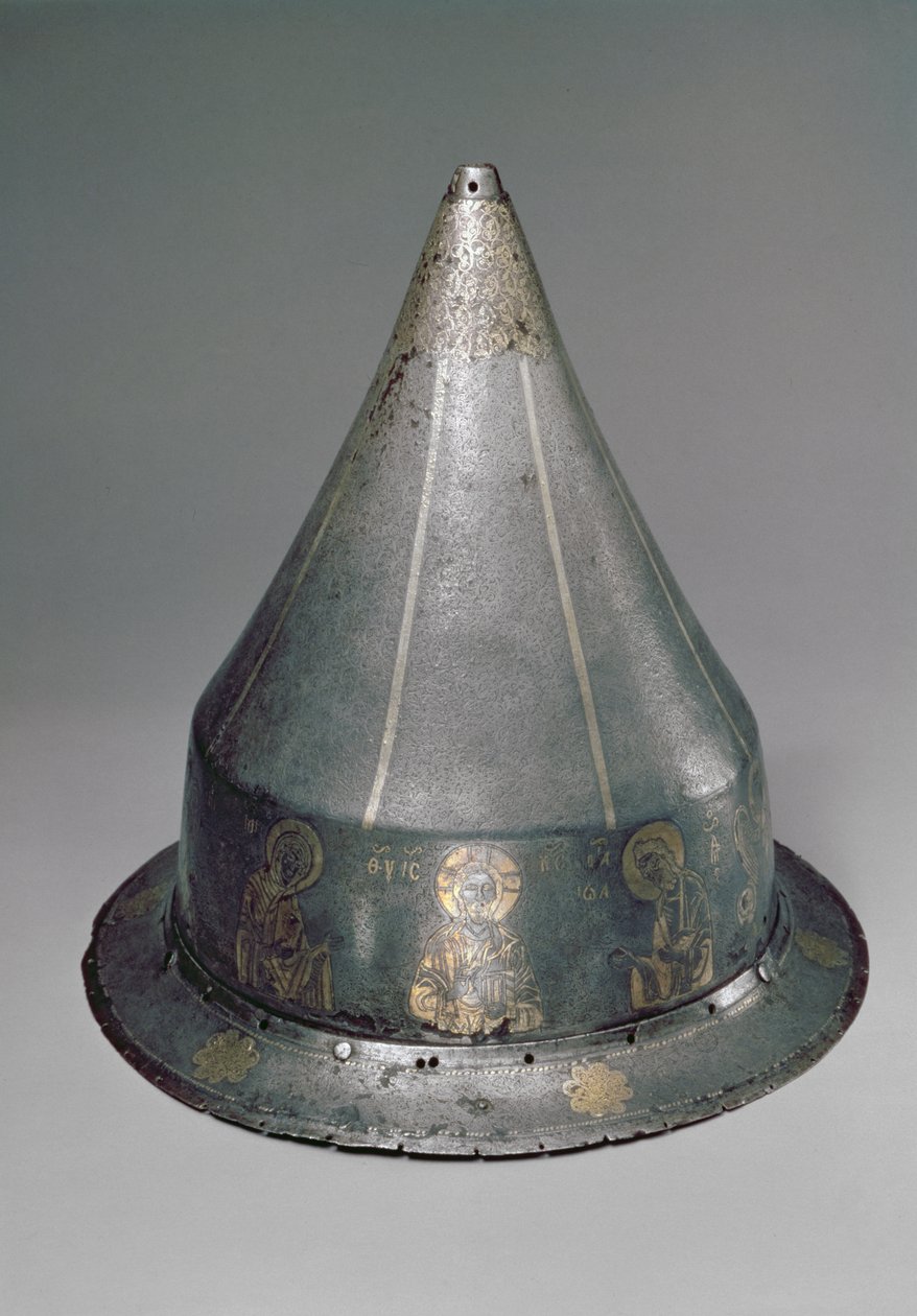 Casco con la Deesis (acero con incrustaciones de oro y plata) de Byzantine