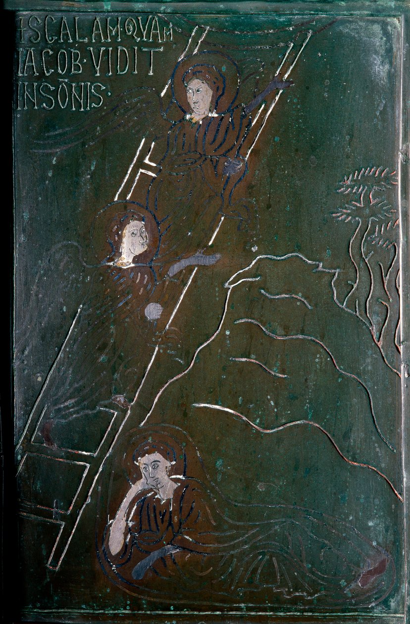 Jacob ve en sueños a los ángeles ascendiendo y descendiendo la escala de la puerta de bronce hecha en Constantinopla en 1076. Monte Sant 