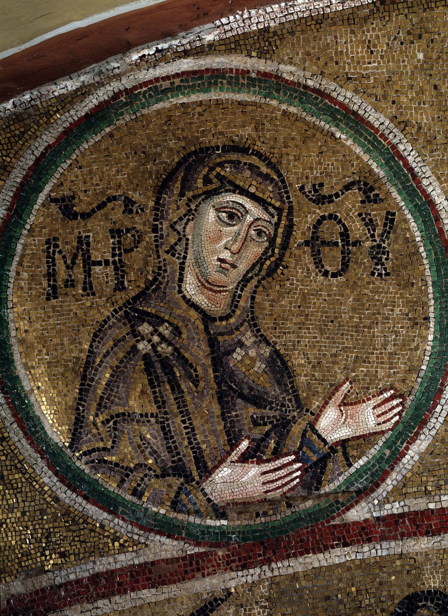 La Virgen Oranta (Representación cristiana ortodoxa de la Virgen María, orando con los brazos extendidos) (La Virgen Orans). Mosaico de un maestro bizantino, alrededor de 1037-1050, arte ruso antiguo. Bóveda del Coro de la Catedral de Santa Sofía en Kyiv ( de Byzantine