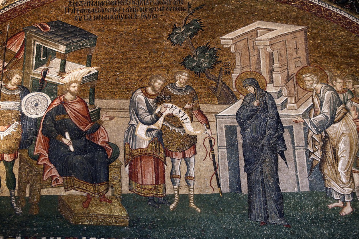 María y José ante Cyremius inscribiéndose para el censo, con un guardia, un escriba y un oficial, c. siglo XIV de Byzantine