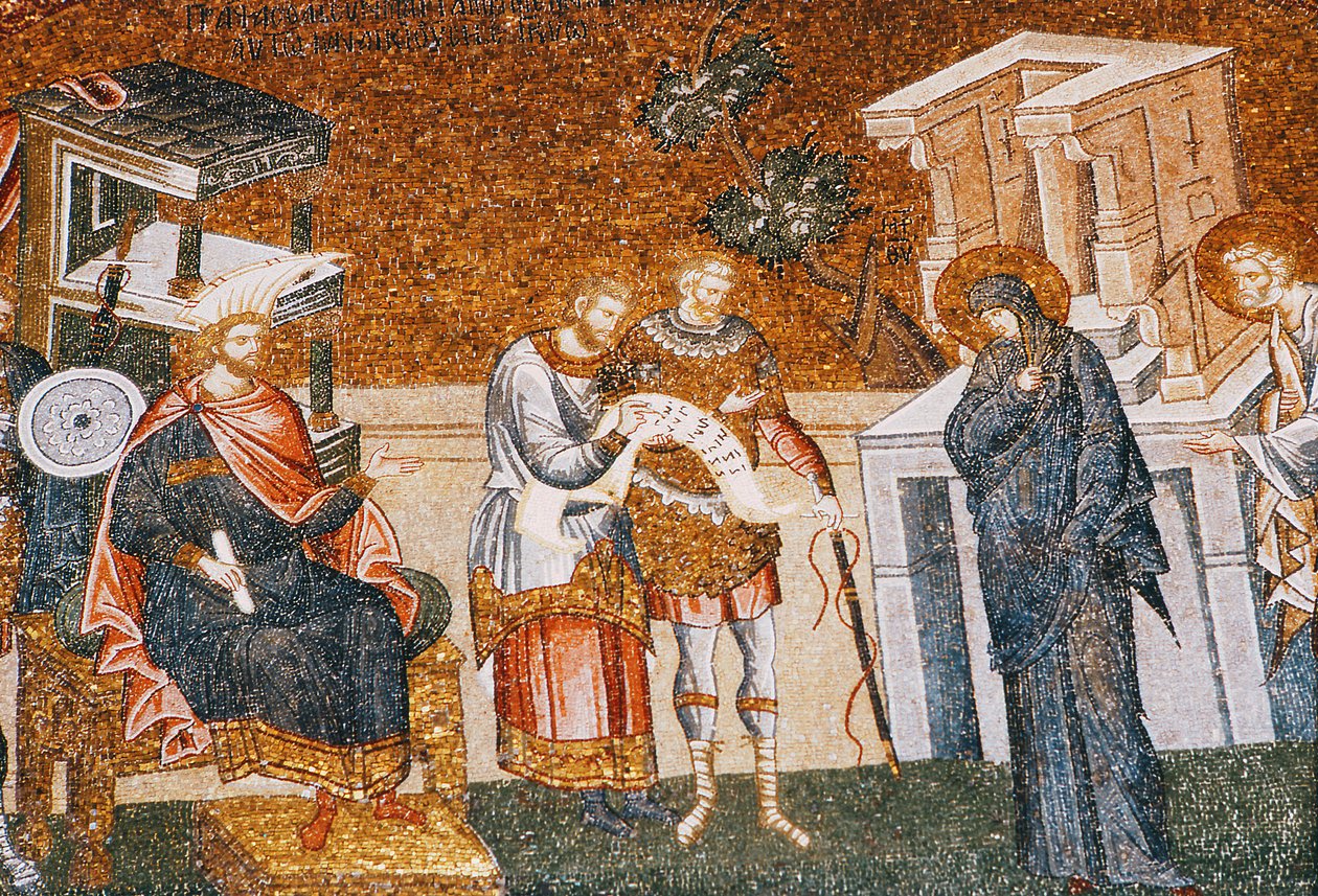 María y José ante Cyremius inscribiéndose para el censo, con un guardia, un escriba y un oficial, c. siglo XIV (detalle) de Byzantine