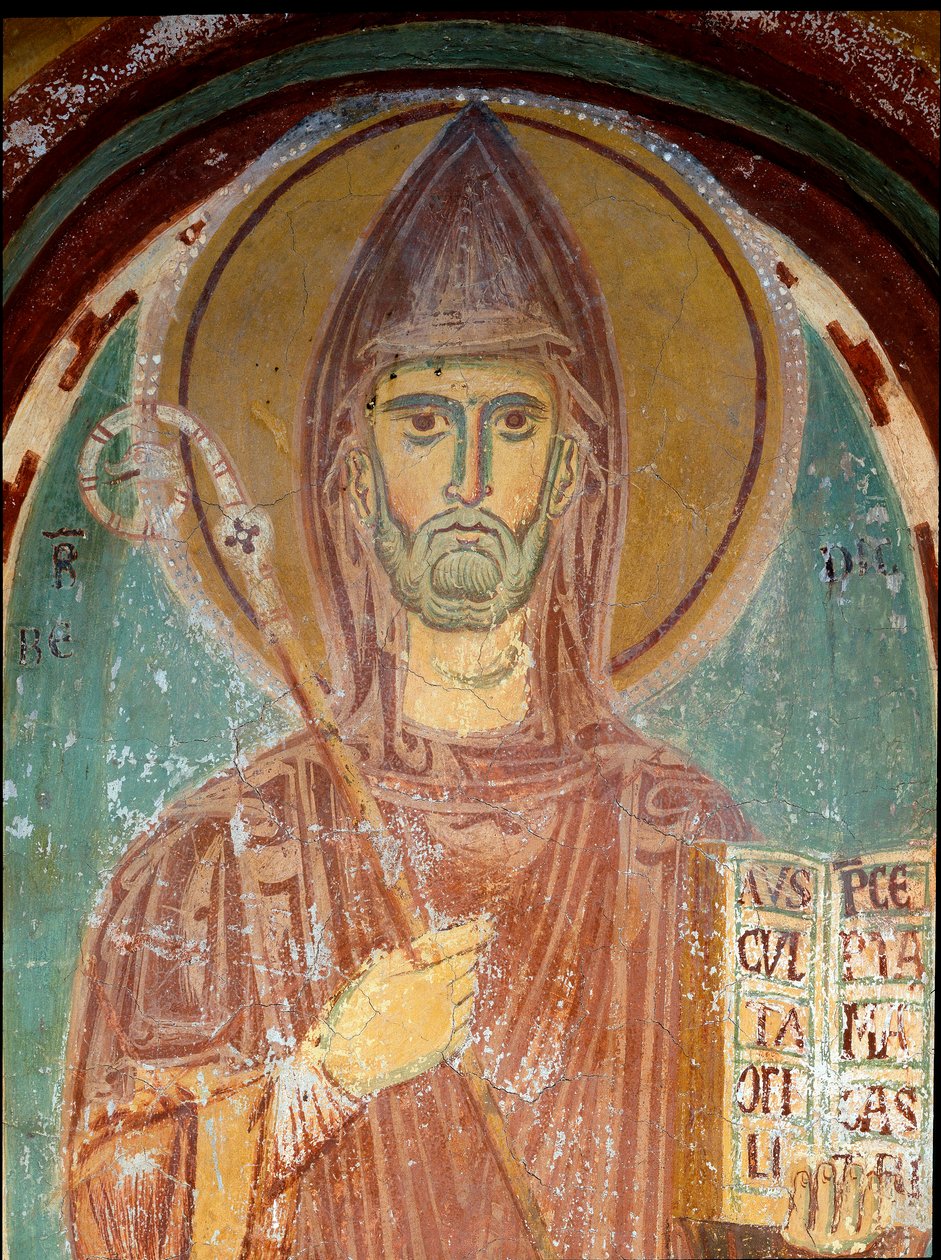 Representación de San Benito de Nursia (siglo VI) (detalle) Fresco de la escuela bizantina. Principios del siglo XIII. Monasterio de San Benito (Sacro Speco), Capilla de San Gregorio en Subiaco (Roma), Italia de Byzantine