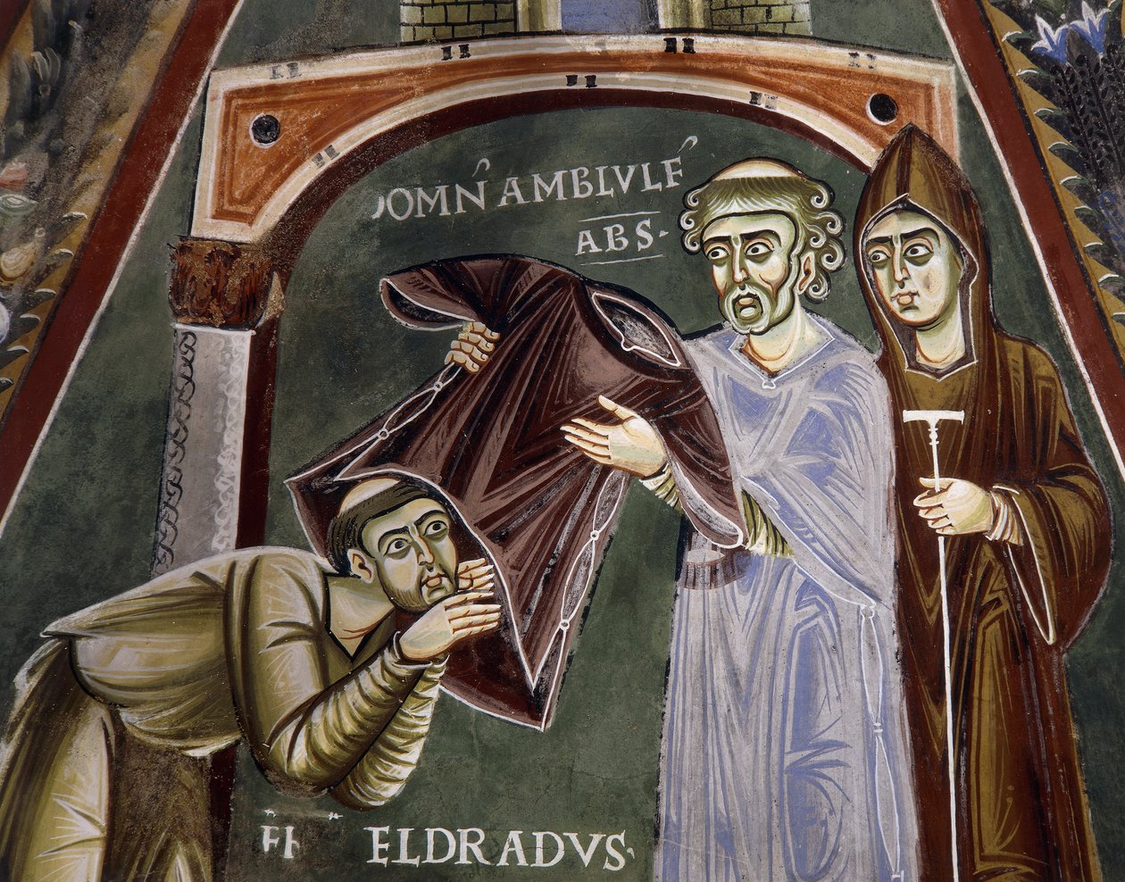 San Eldrad regresa de Santiago de Compostela y recibe el hábito religioso del abad de Novalesa, Historias de la vida de San Eldrad, fresco románico, estilo bizantino, Capilla de San Eldrad y San Nicolás, Abadía de Novalesa, Piamonte, Italia de Byzantine