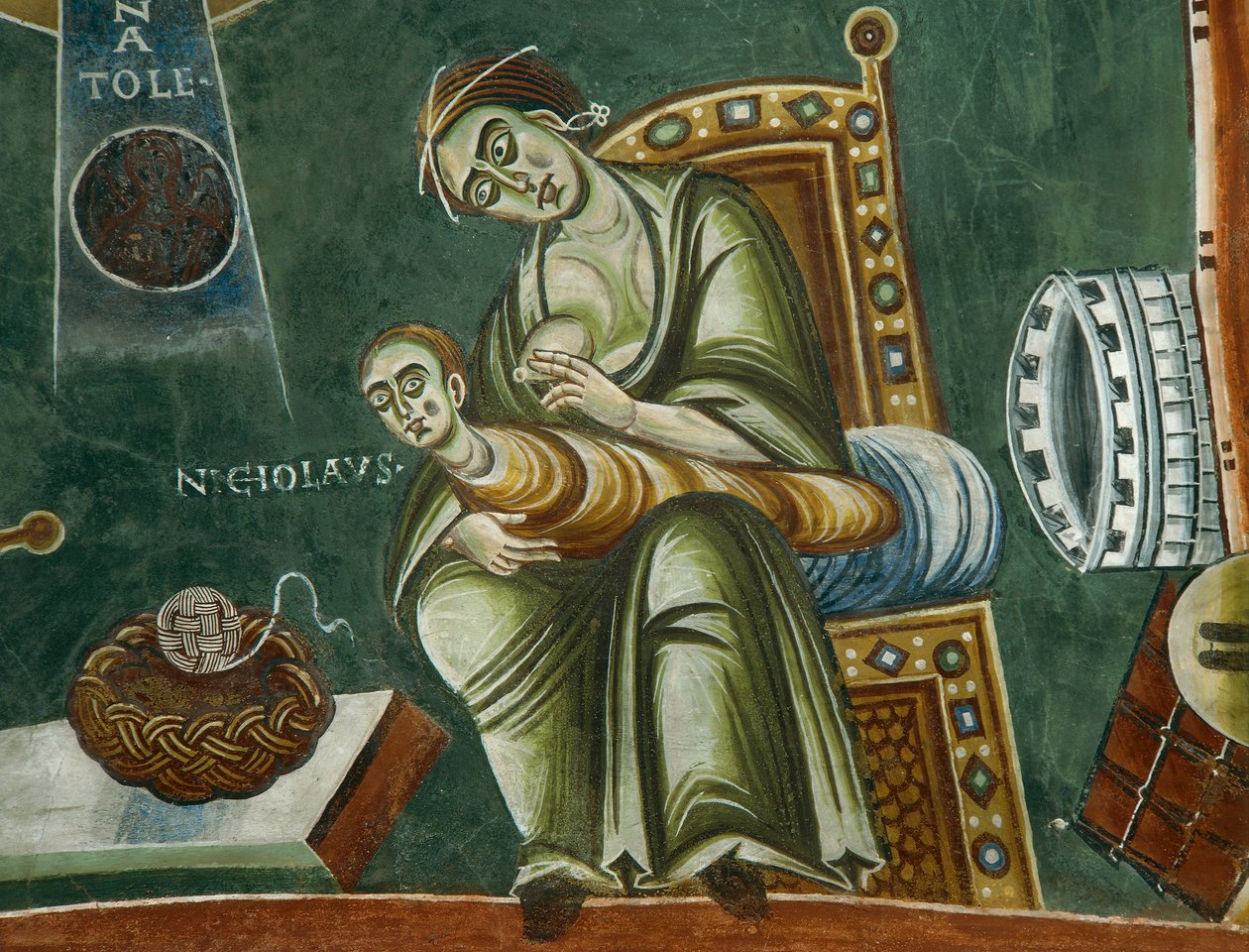San Nicolás rechazando la leche de su madre, de las Historias de la vida de San Nicolás, detalle de frescos románicos en estilo bizantino, finales del siglo XI, Capilla de San Eldrado y San Nicolás, Abadía de Novalesa, Piamonte, Italia de Byzantine