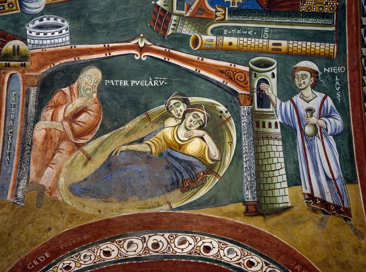 San Nicolás salvando a un comerciante rico caído en la pobreza y pagando la dote de sus hijas, detalle de las Historias de San Nicolás, fresco románico, estilo bizantino, finales del siglo XI, Capilla de San Eldrado y San Nicolás, Abadía de Novalesa, Piamo de Byzantine
