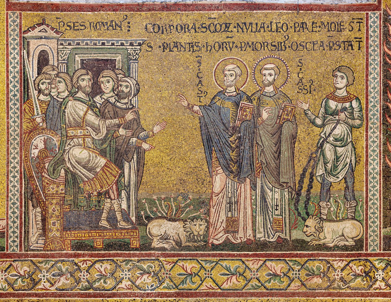 San Casio y San Casto ante el Emperador, mosaico bizantino, siglos XII-XIII, en la contrafachada (mosaico) de Byzantine