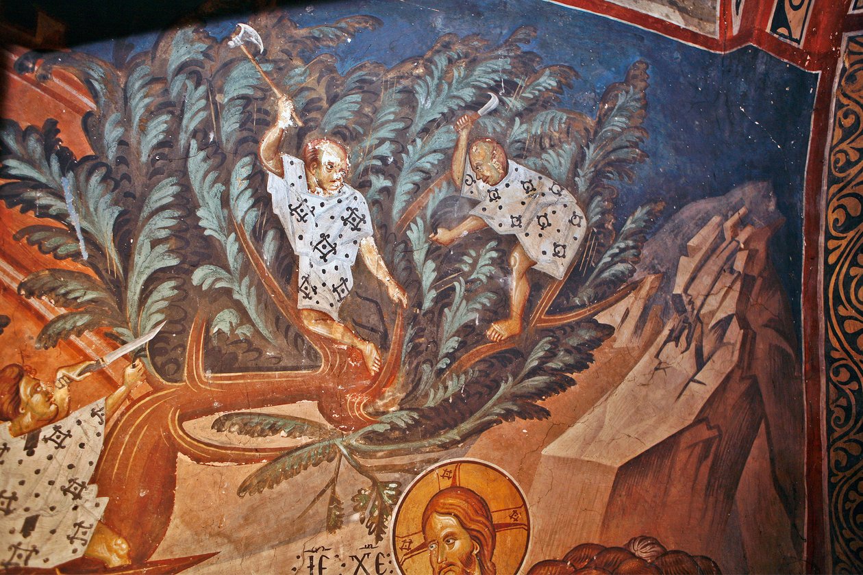 La entrada de Cristo en Jerusalén. Detalle: Niños cortando ramas de palmera - Pintura de Damiane (siglo XIV activo) - Siglo XIV - Fresco - Monasterio de San Jorge, Ubisi ©FineArtImages/Leemage de Byzantine