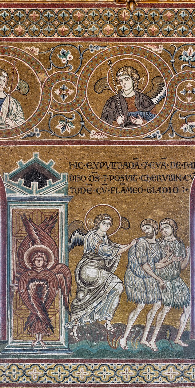 La expulsión del Paraíso Terrenal, mosaico bizantino, Ciclo del Antiguo Testamento-Paraíso Terrenal, siglos XII-XIII (mosaico) de Byzantine