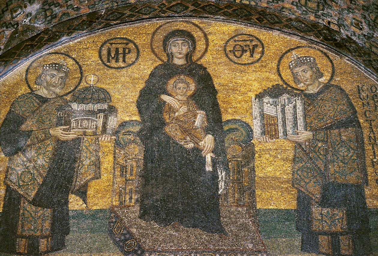 Virgen y Niño entre los emperadores Justiniano y Constantino en Hagia Sophia (mosaico) de Byzantine