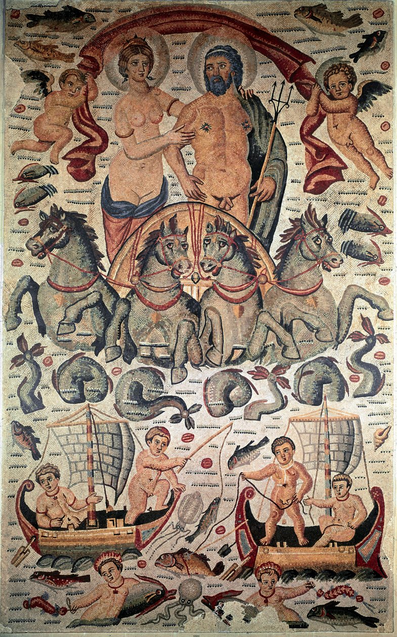 Arte bizantino: Triunfo de Neptuno y Anfitrite. Neptuno y Anfitrite desnudos en un carro tirado por cuatro caballos marinos. Mosaico del siglo III. Dim: 3,1x1,96m. Museo del Louvre, París de Byzantine Byzantine