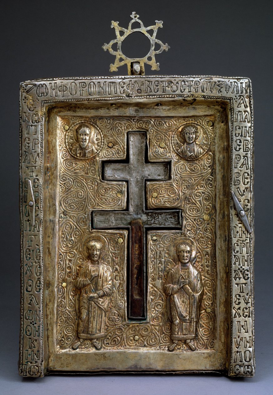Relicario de cruz estaurothek de plata dorada, Bizantino, siglo XII de Byzantine Byzantine